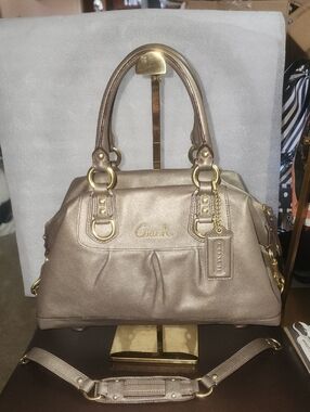 Coach Ashley Metallic Bronze  Convertible Leather Satchel w/matching Hang Euc